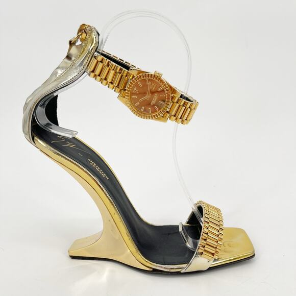 Giuseppe Zanotti for Christian Cowan Gold Watch Buckle Wedge Sandals IT 37.5 - Picture 3 of 15